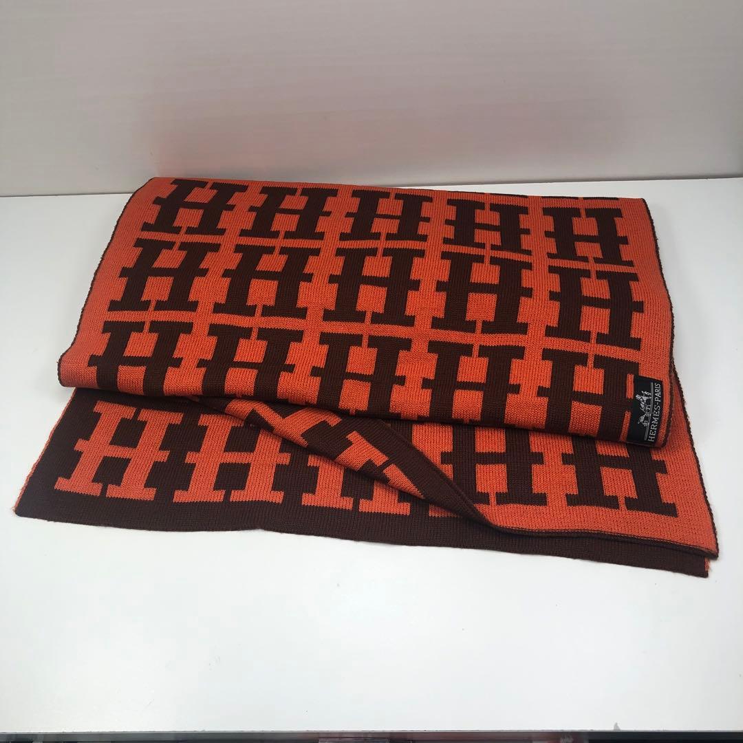 エルメス カシミヤ マフラー ストール 人気のH柄オレンジ&ブラウンリバーシブル