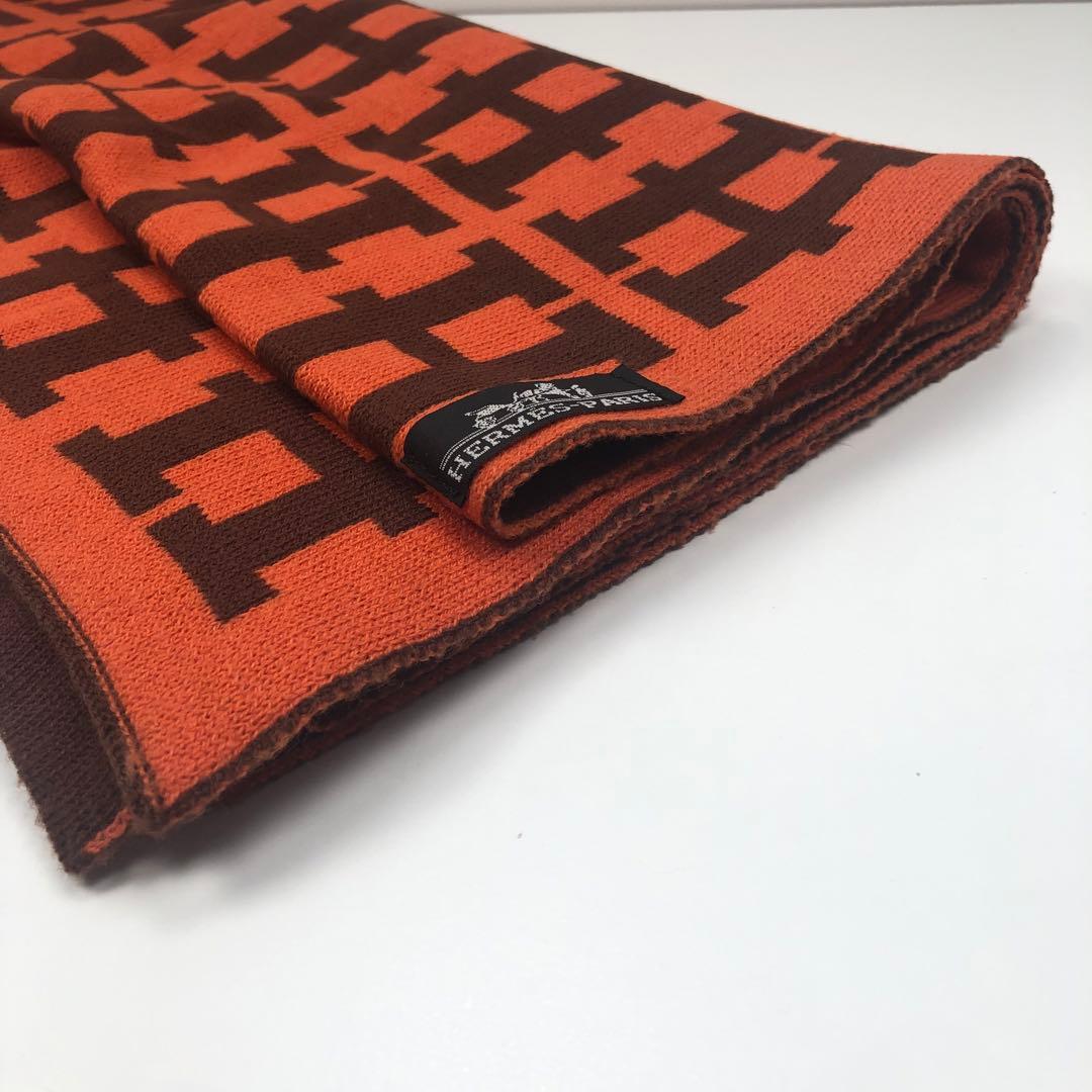 エルメス カシミヤ マフラー ストール 人気のH柄オレンジ&ブラウンリバーシブル