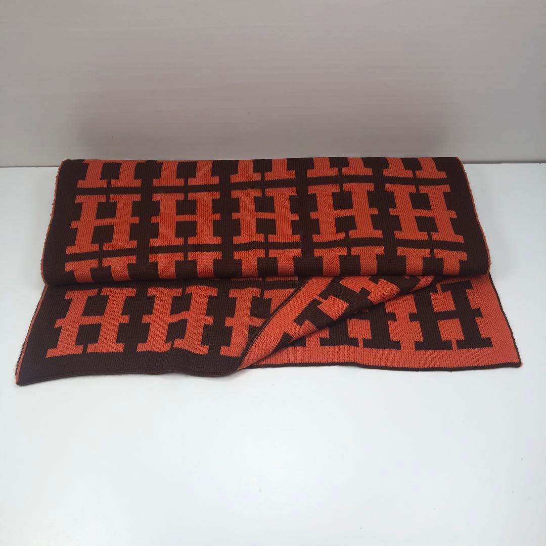 エルメス カシミヤ マフラー ストール 人気のH柄オレンジ&ブラウンリバーシブル