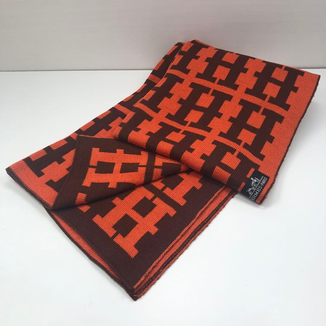 エルメス カシミヤ マフラー ストール 人気のH柄オレンジ&ブラウンリバーシブル