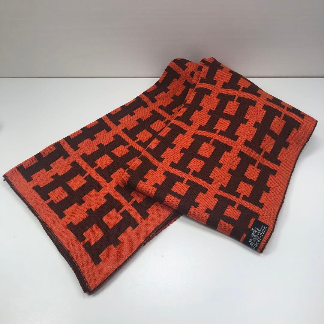 エルメス カシミヤ マフラー ストール 人気のH柄オレンジ&ブラウンリバーシブル