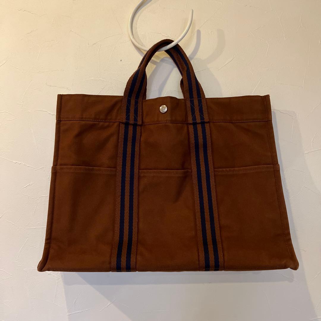 【美品】HERMES エルメス フールトゥMM トートバッグ 茶×ネイビーA4◎
