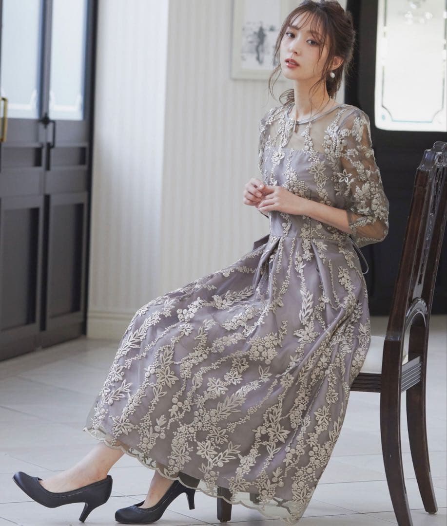 【美品】niana刺繍シアーレースドレス／オケージョンドレス（M）