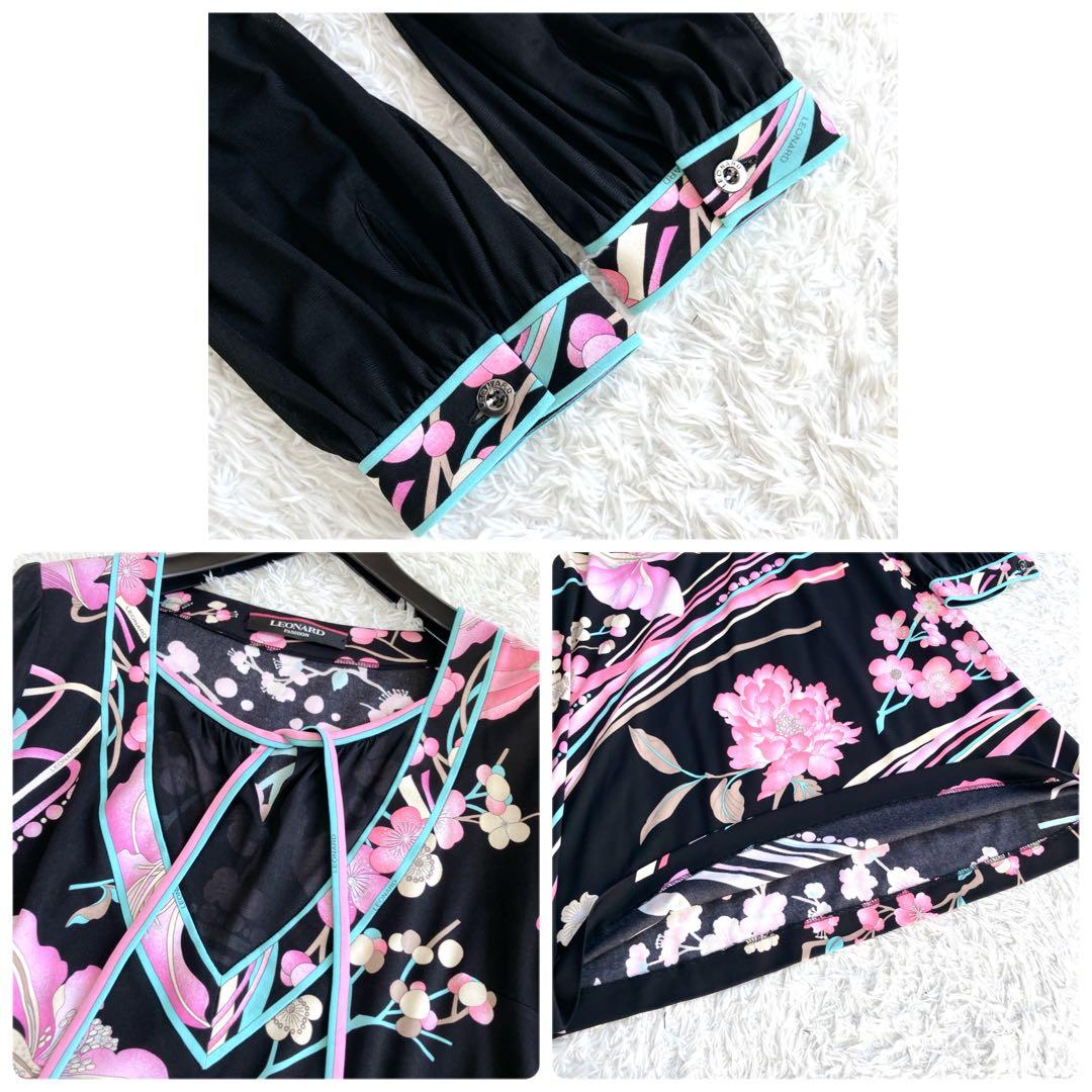 レオナール✨チュニック カンカン カットソー トリム 花 リボン 黒 ピンク M