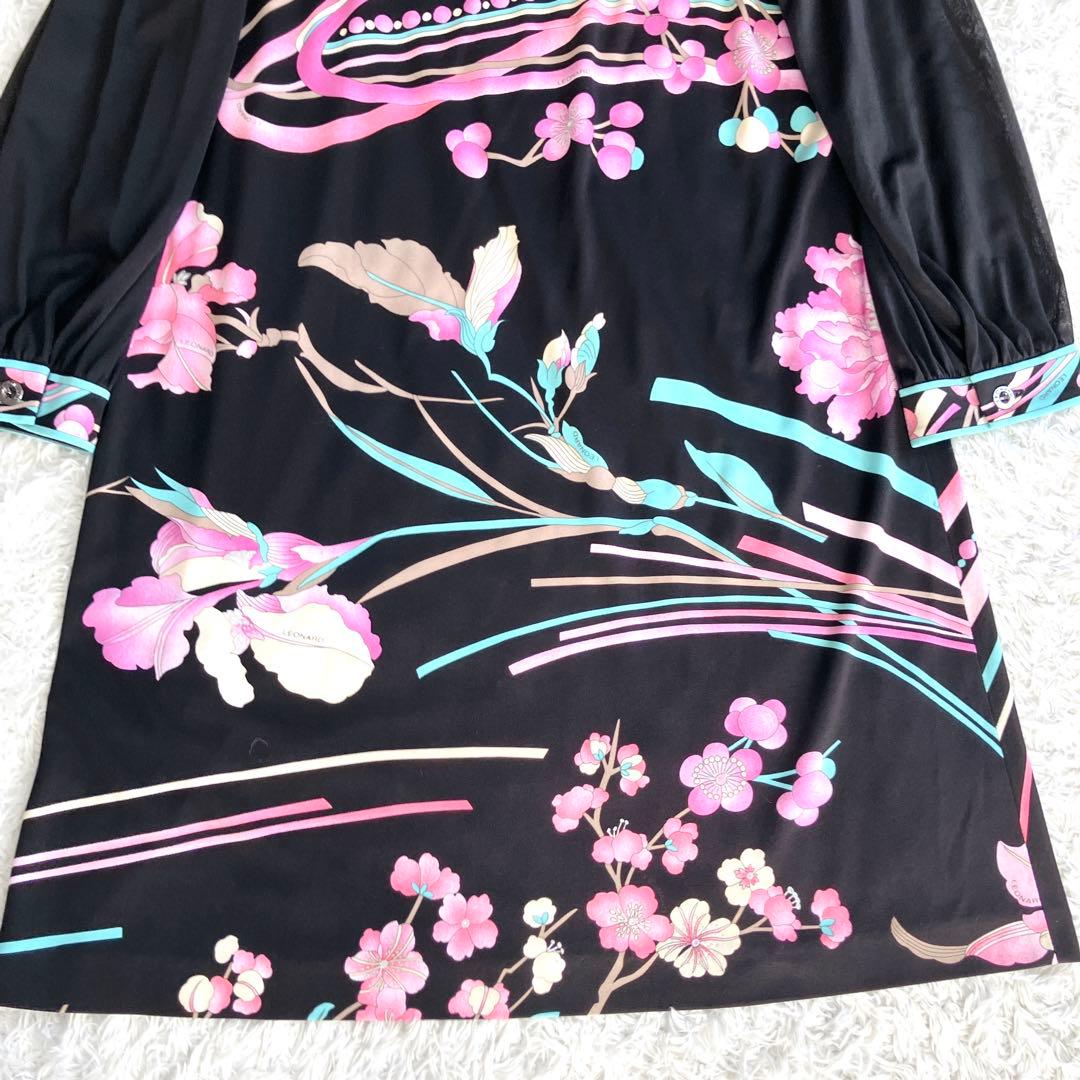 レオナール✨チュニック カンカン カットソー トリム 花 リボン 黒 ピンク M