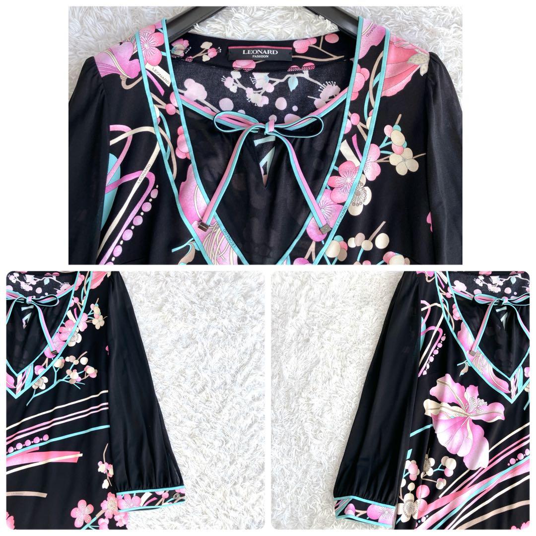 レオナール✨チュニック カンカン カットソー トリム 花 リボン 黒 ピンク M