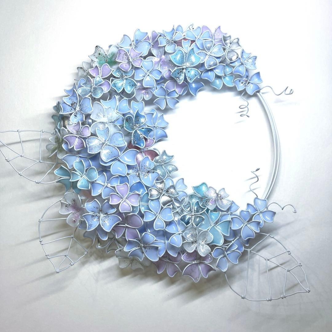 シャーベットブルー　大きな紫陽花リース　ワイヤークラフト　ディップアート　アート