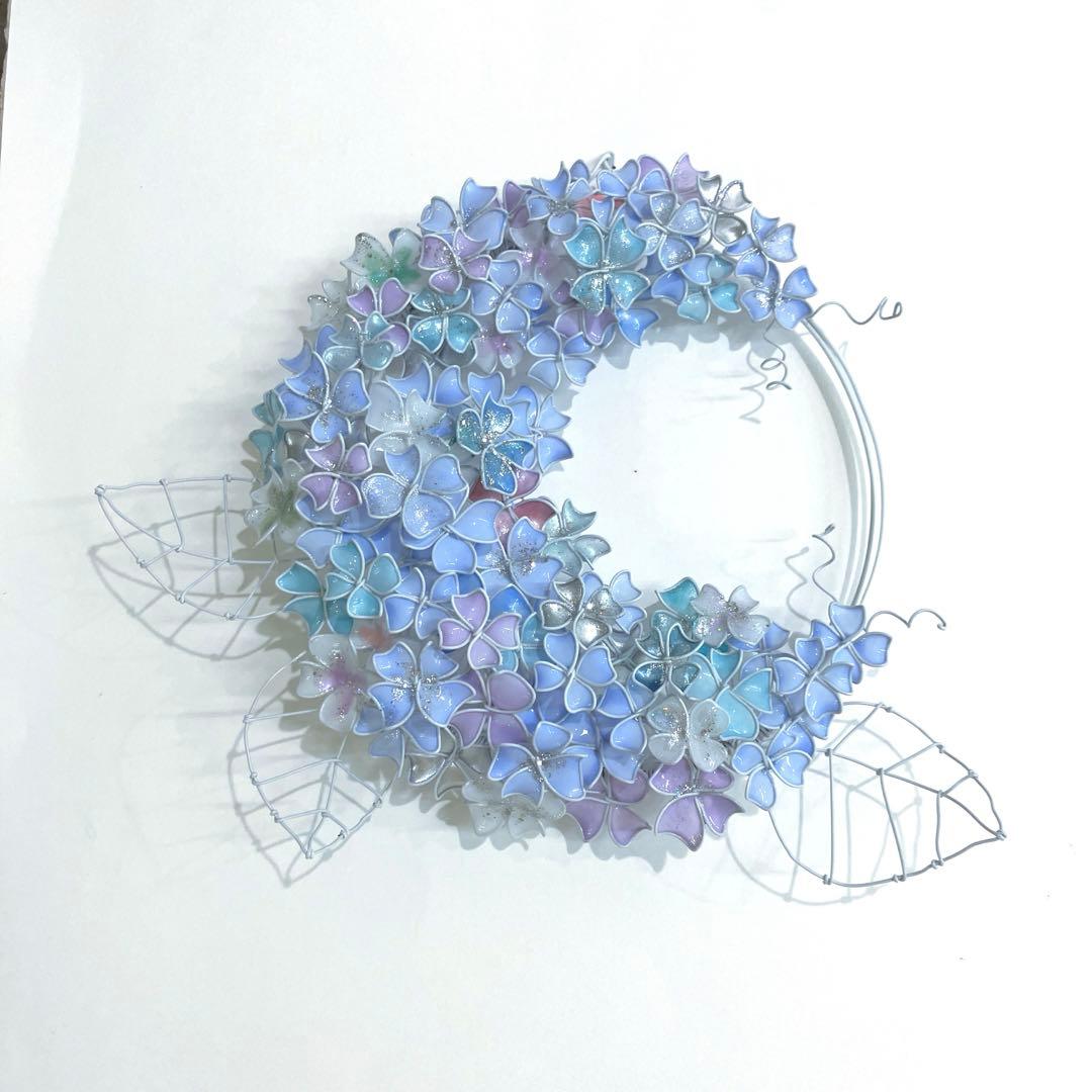 シャーベットブルー　大きな紫陽花リース　ワイヤークラフト　ディップアート　アート