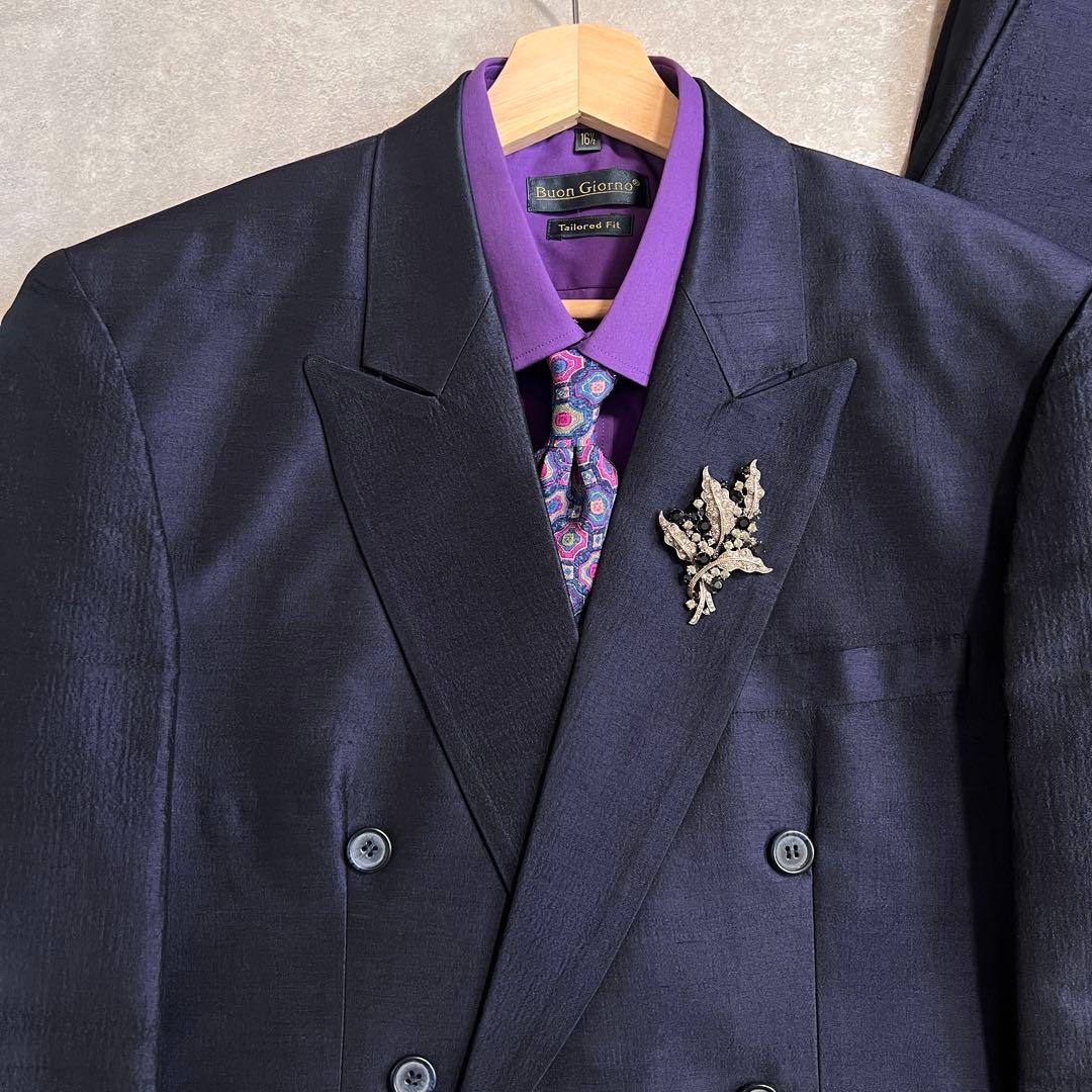 90s ヴィンテージ ダブルスーツ セットアップ 成人式 ネイビー×パープル