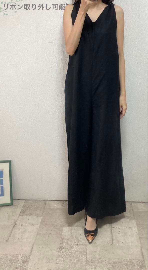 新品未使用タグ付ツルバイマリコオイカワリボン付ロングオールインワン34ブラック