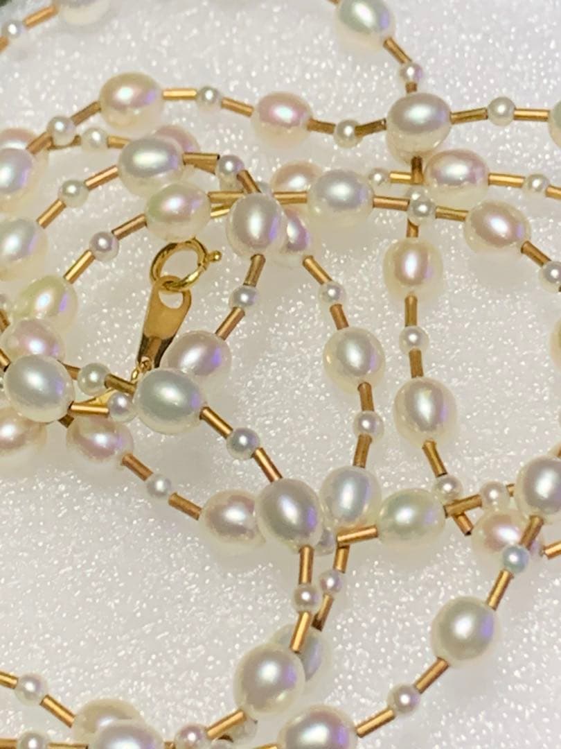 K18 4.5mm 2mm ランダムパールロングネックレス