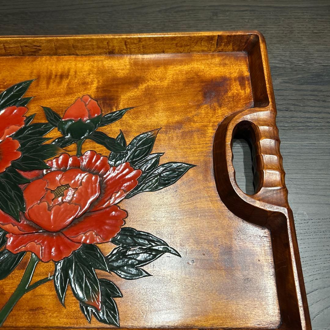 香川漆器　天然木　長手盆　牡丹　落款入　年末年始に！！