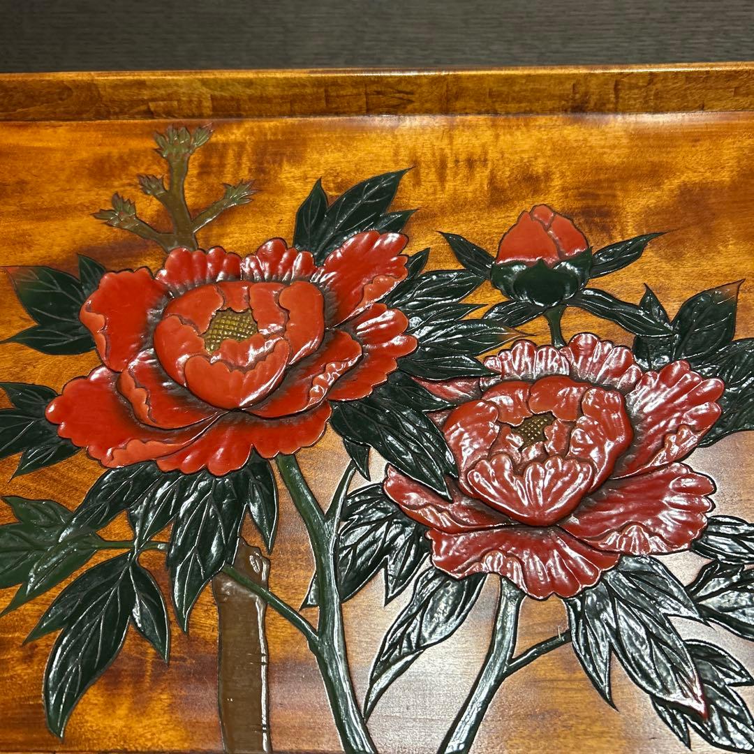 香川漆器　天然木　長手盆　牡丹　落款入　年末年始に！！