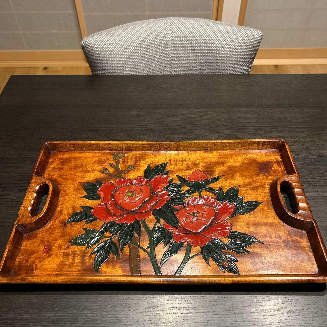 香川漆器　天然木　長手盆　牡丹　落款入　年末年始に！！