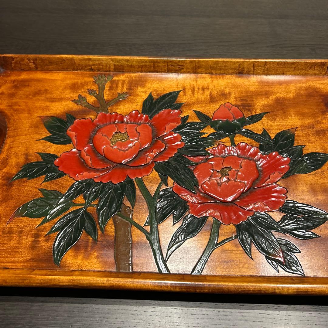 香川漆器　天然木　長手盆　牡丹　落款入　年末年始に！！