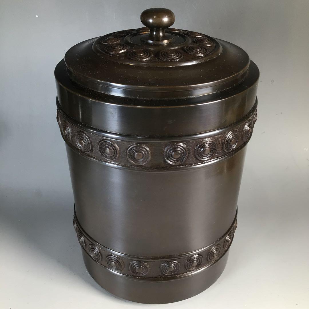 Ｎ５７１　皆具　『一ノ瀬宗辰造』『砂張銅渦巻紋』『水指　建水　蓋置　杓立』　共箱