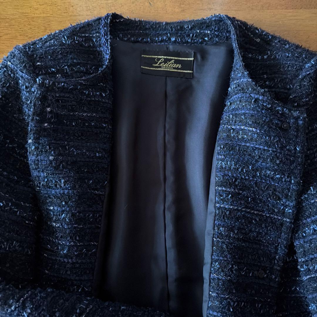 Leilian ノーカラージャケット ネイビー ツイード