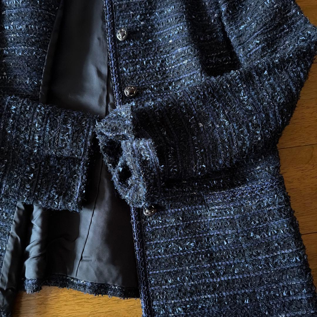 Leilian ノーカラージャケット ネイビー ツイード