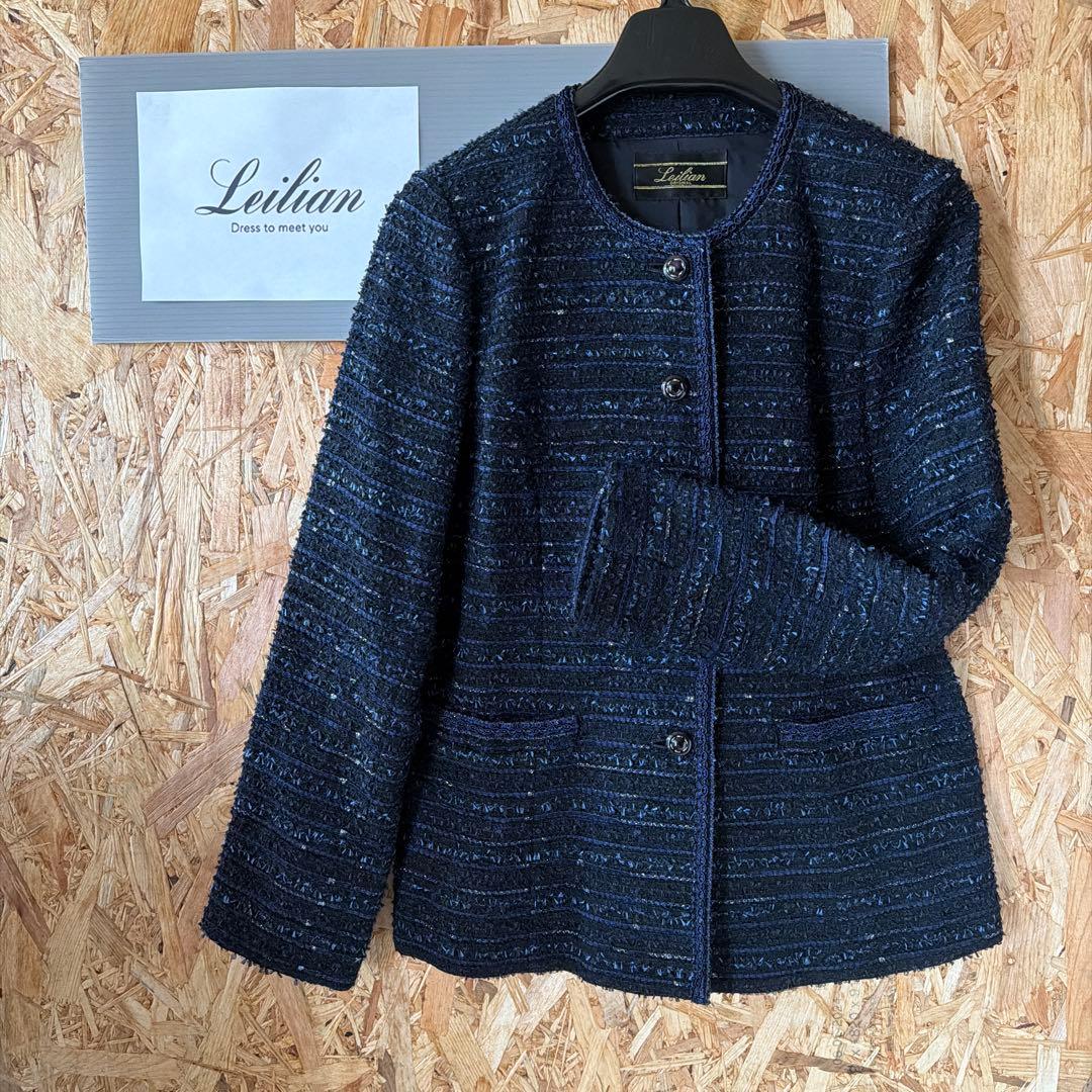 Leilian ノーカラージャケット ネイビー ツイード