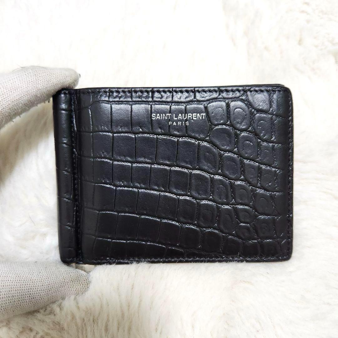 ✨極美品✨サンローラン　マネークリップ　クロコ　カサンドラ　レザー　ブラック