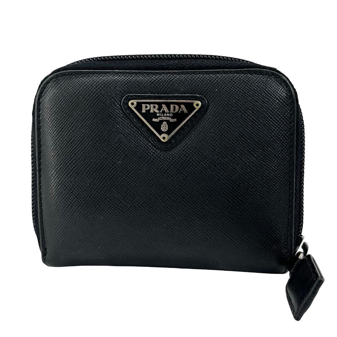 希少✨プラダ 二つ折り財布 三角ロゴ サフィアーノレザー ファスナー ブラック