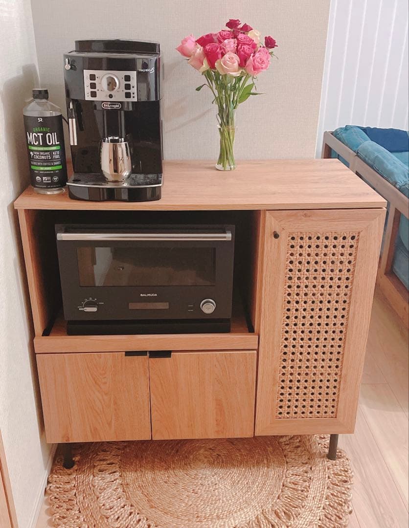 LOWYA 幅90 食器棚 キッチンカウンター キッチンキャビネット ラタン調