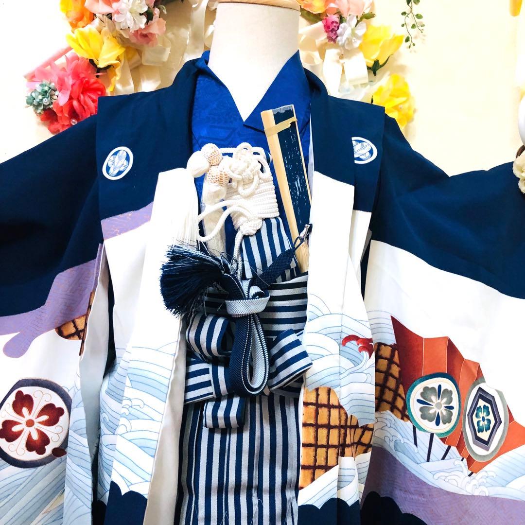 七五三　男の子‼️祝着・羽織・袴セット　鷹扇子波花文金彩⭐︎完全フルセット
