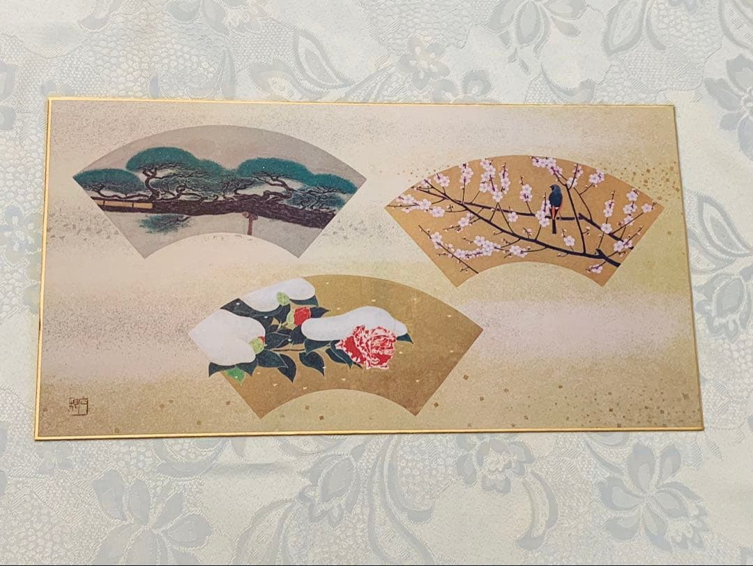 お買得！超美品☆丸山石根画伯の四季扇面花鳥図/春夏秋冬色紙4枚と額付き箱入