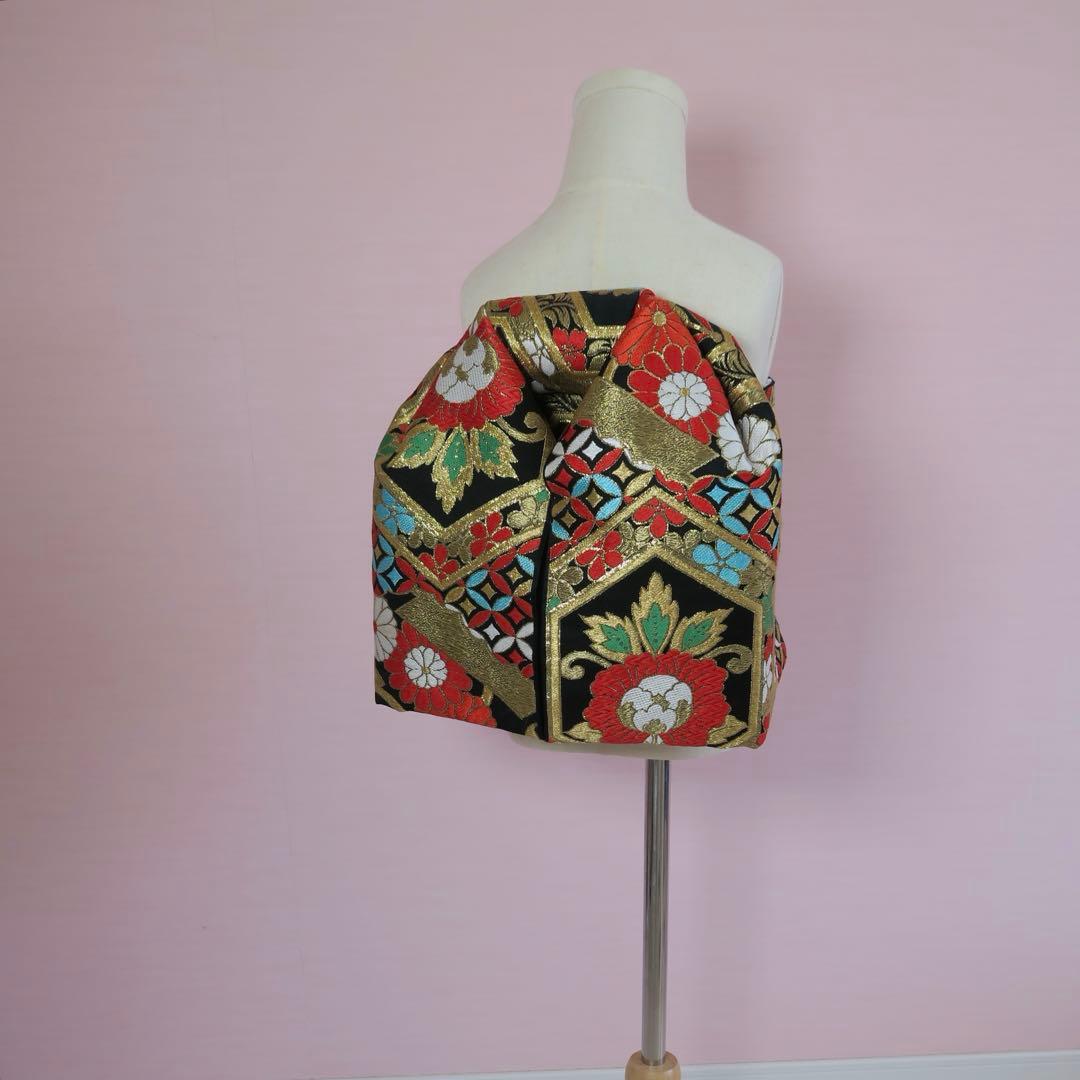 七五三 作り帯 アンティーク帯リメイク 黒地×赤金 古典花文様｜文庫｜一点もの