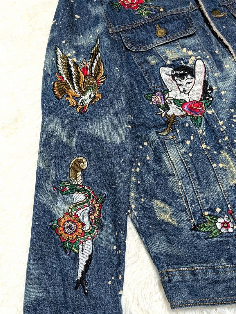 REASON 刺繍　デニムジャケット ボア襟　Lサイズ　ダメージ加工Gジャン