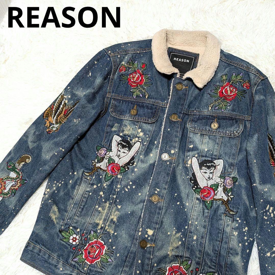 REASON 刺繍　デニムジャケット ボア襟　Lサイズ　ダメージ加工Gジャン