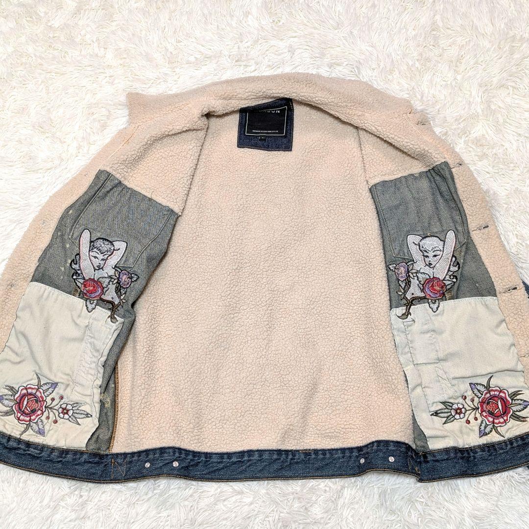 REASON 刺繍　デニムジャケット ボア襟　Lサイズ　ダメージ加工Gジャン
