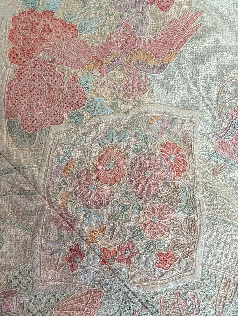 蘇州刺繍　訪問着　袋帯　セット　ぼかし染め　花鳥・宝尽くし　白緑・秘色・乙女色