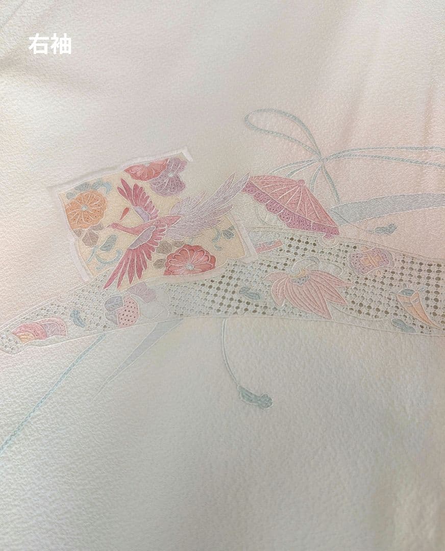 蘇州刺繍　訪問着　袋帯　セット　ぼかし染め　花鳥・宝尽くし　白緑・秘色・乙女色