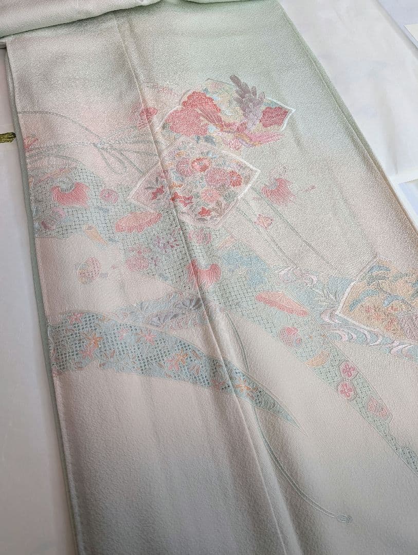 蘇州刺繍　訪問着　袋帯　セット　ぼかし染め　花鳥・宝尽くし　白緑・秘色・乙女色