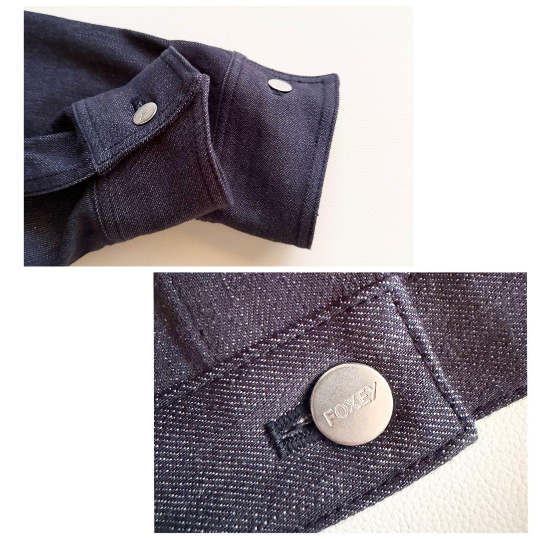 美品 【フォクシー】クロップド デニムジャケット メタルボタン ロゴパッチ 38