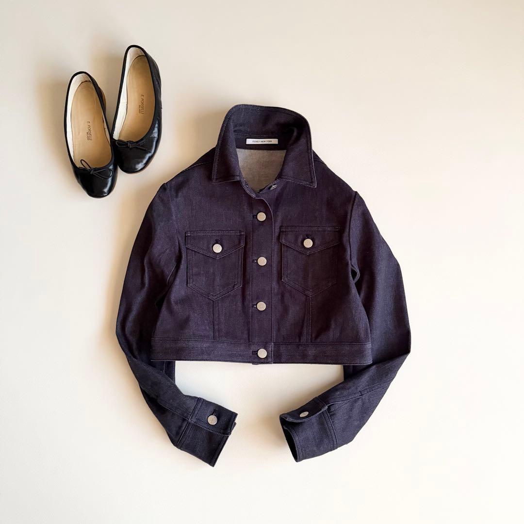 美品 【フォクシー】クロップド デニムジャケット メタルボタン ロゴパッチ 38