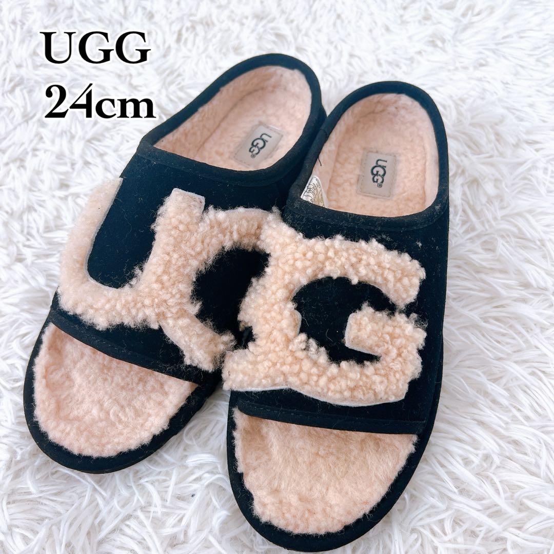 【24cm】UGG ボア サンダル ロゴ スリッパ ブラック ベージュ もこもこ