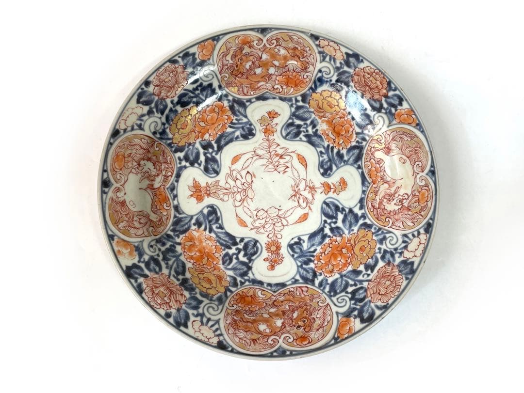 骨董　アンティーク　古伊万里　色絵　金襴手　輸出伊万里　獅子牡丹　皿　丸皿