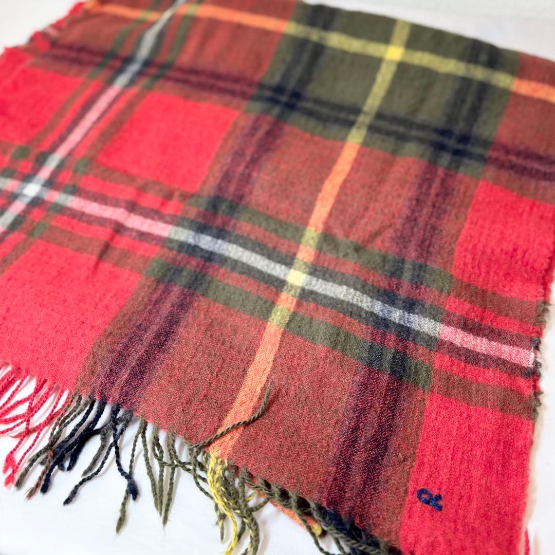 【人気】　45R wool縮絨ストール　マフラー　Rロゴ　チェック柄　フリンジ