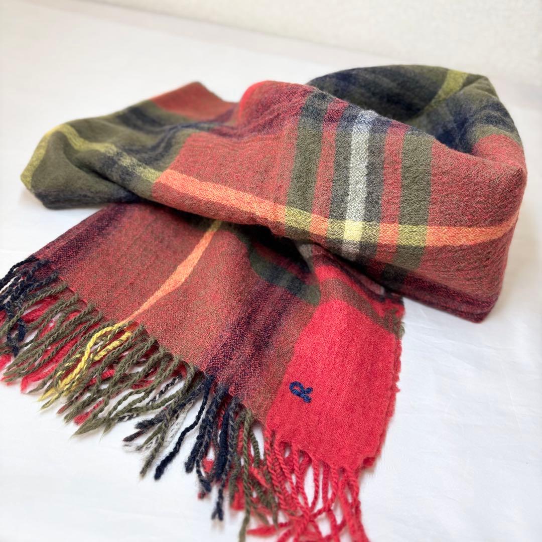 【人気】　45R wool縮絨ストール　マフラー　Rロゴ　チェック柄　フリンジ