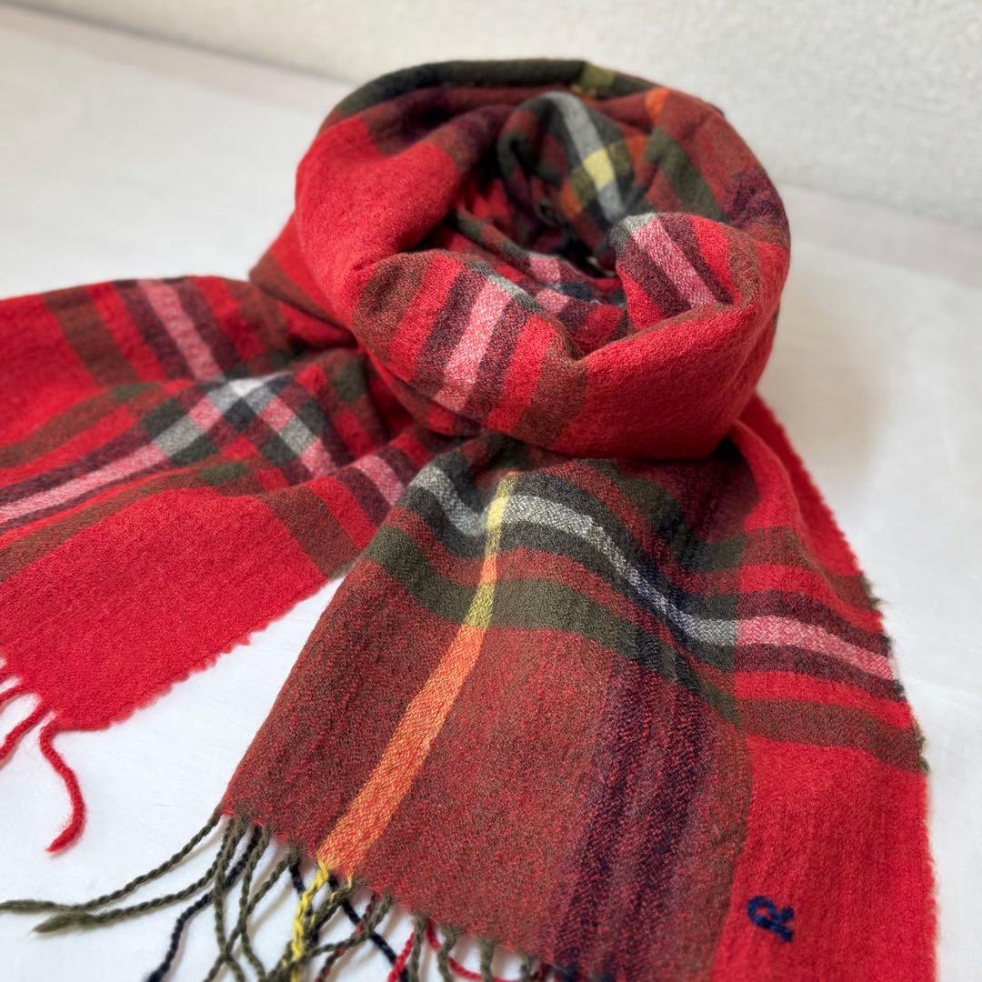 【人気】　45R wool縮絨ストール　マフラー　Rロゴ　チェック柄　フリンジ