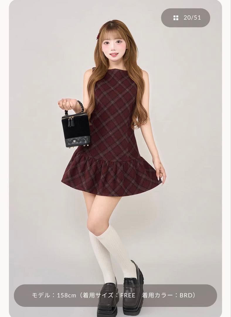 ダーリッチ 新品タグ付き タータンチェックノースリミニワンピース FL ボルドー
