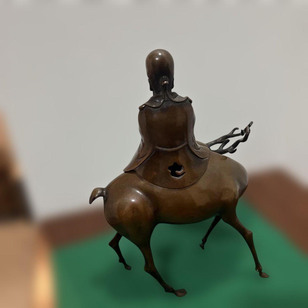 青銅製 鹿に乗る福禄寿　宝珠香炉