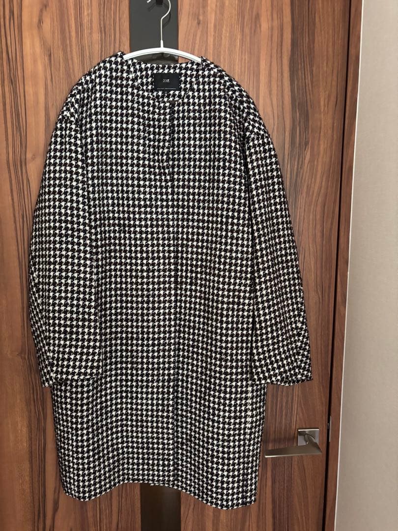 美品23区チェックツイード ノーカラーコート サイズ44