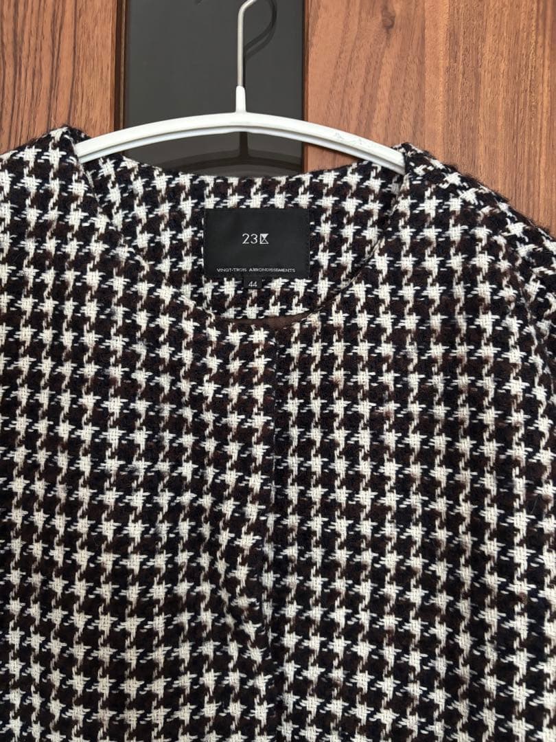 美品23区チェックツイード ノーカラーコート サイズ44