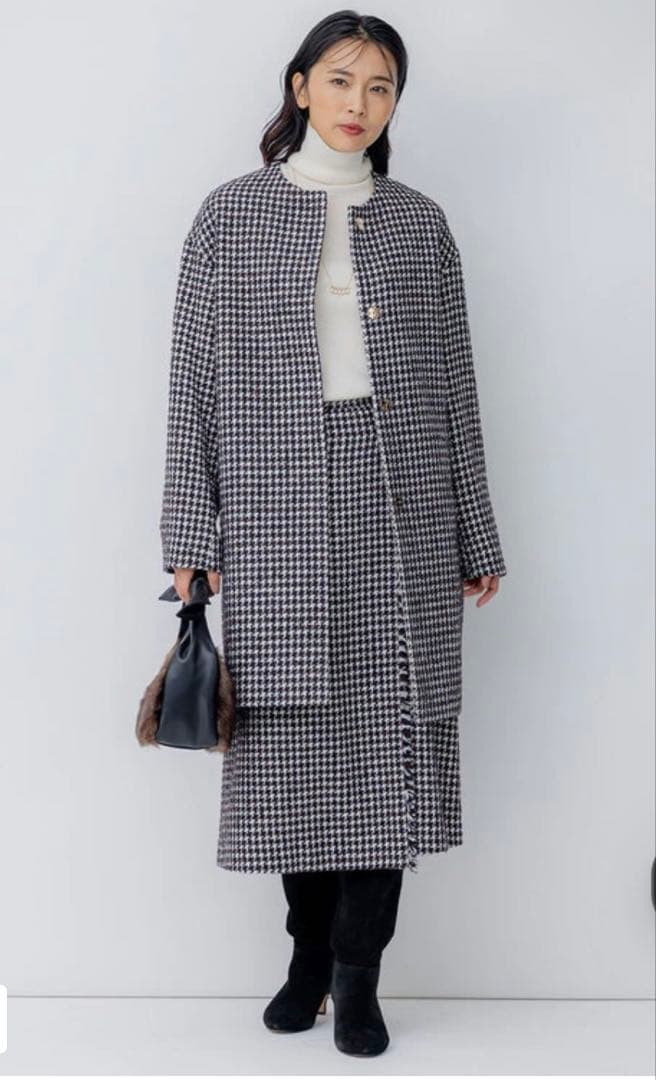 美品23区チェックツイード ノーカラーコート サイズ44