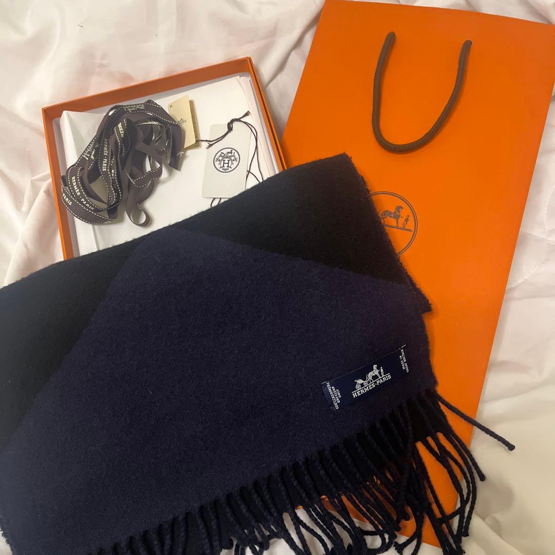 HERMES カシミヤマフラー ネイビー ブラック