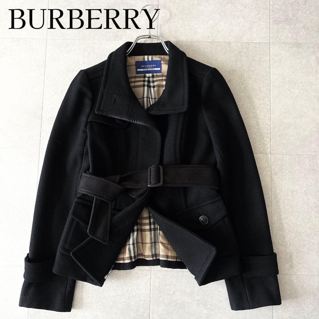 アンゴラ✨️バーバリーブルーレーベル ベルテッドコート 38 黒 ノバチェック