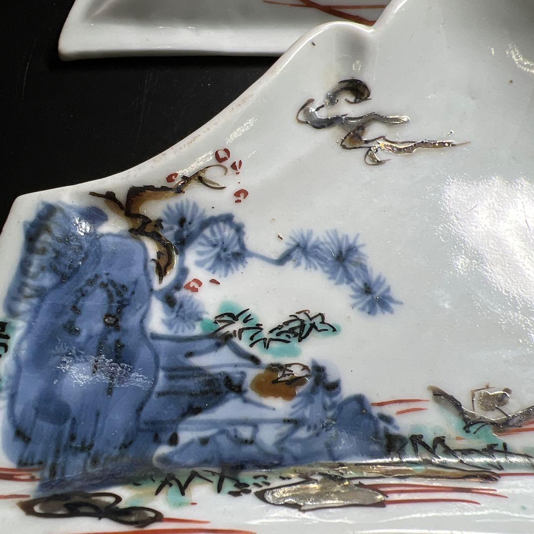 江戸初期　古九谷　富士型向付5枚　木箱付　最大幅約17㎝　東Y7-0801⭐︎2F